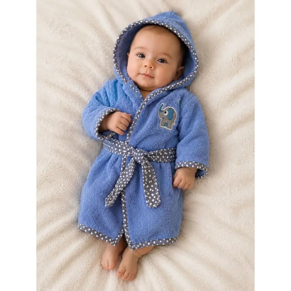 Baby Bathrobe 0-3 Months Blue Hooded Turkish Cotton Robe Elephant Embroidery